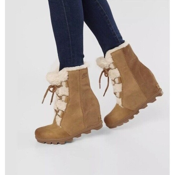 New Joan Of Arctic Wedge Shearling SOREL Boots Women’s  11 Leather Camel Brown - Picture 1 of 9